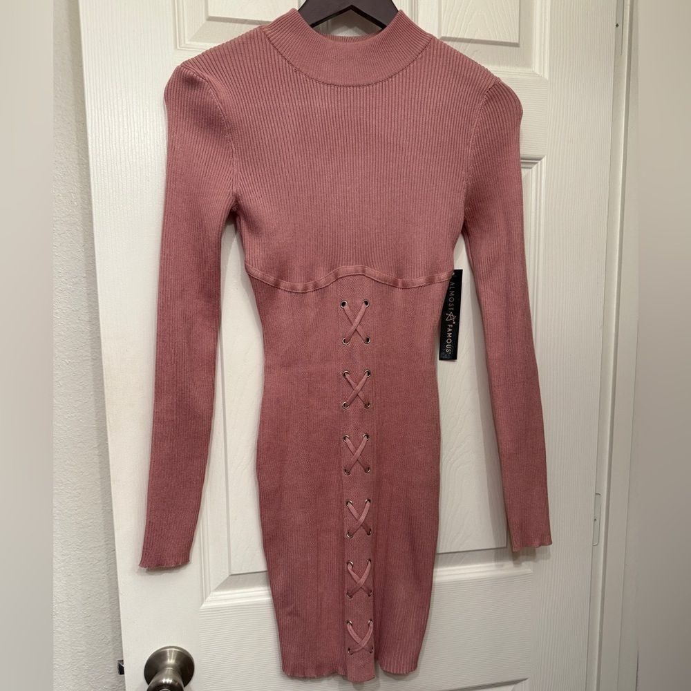Almost Famous Mauve Lace-Up Long Sleeve Dress